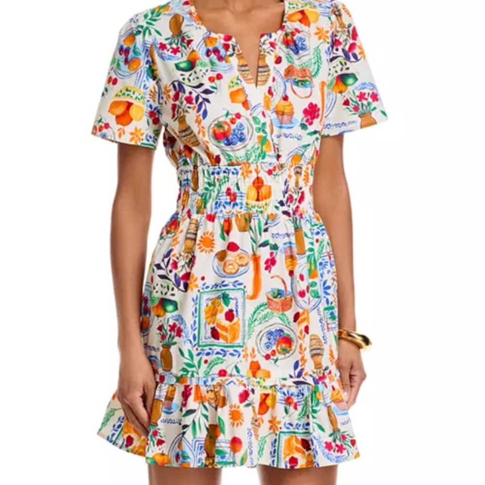 This is an AQUA Picnic Shirt Dress in white multi Multicolor Floral Mini Dress